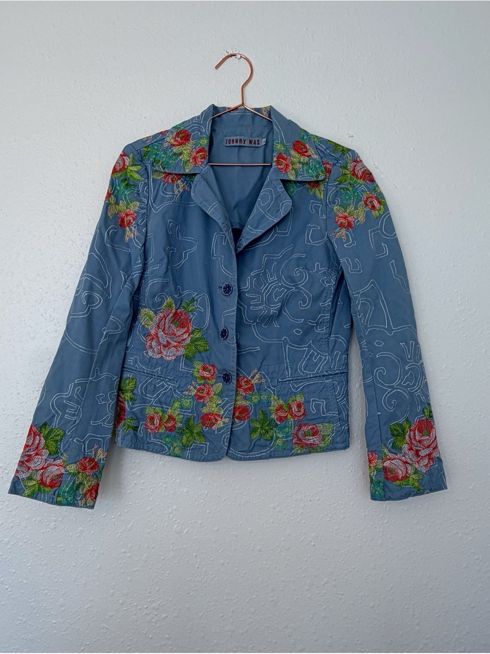 Johnny Was Slate Blue Embroidered Rose Blazer